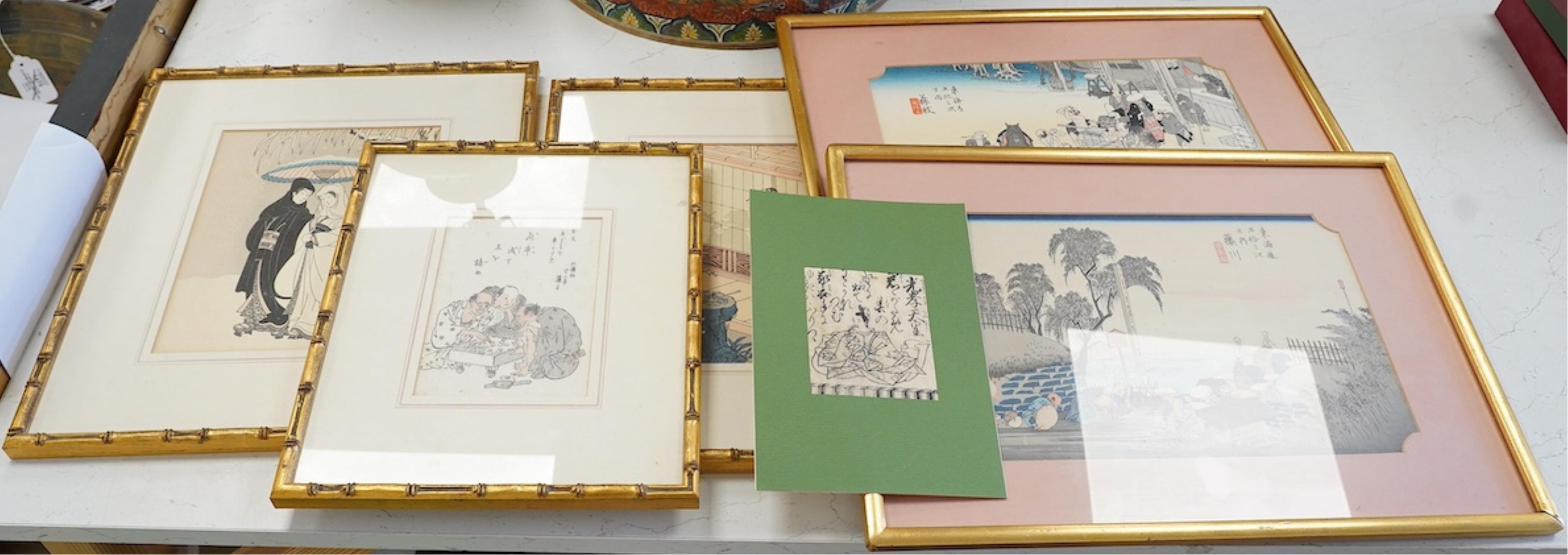 Three Japanese prints, a pair of prints, 25cm x 32cm, and a hand blocked print in an envelope. Condition - good